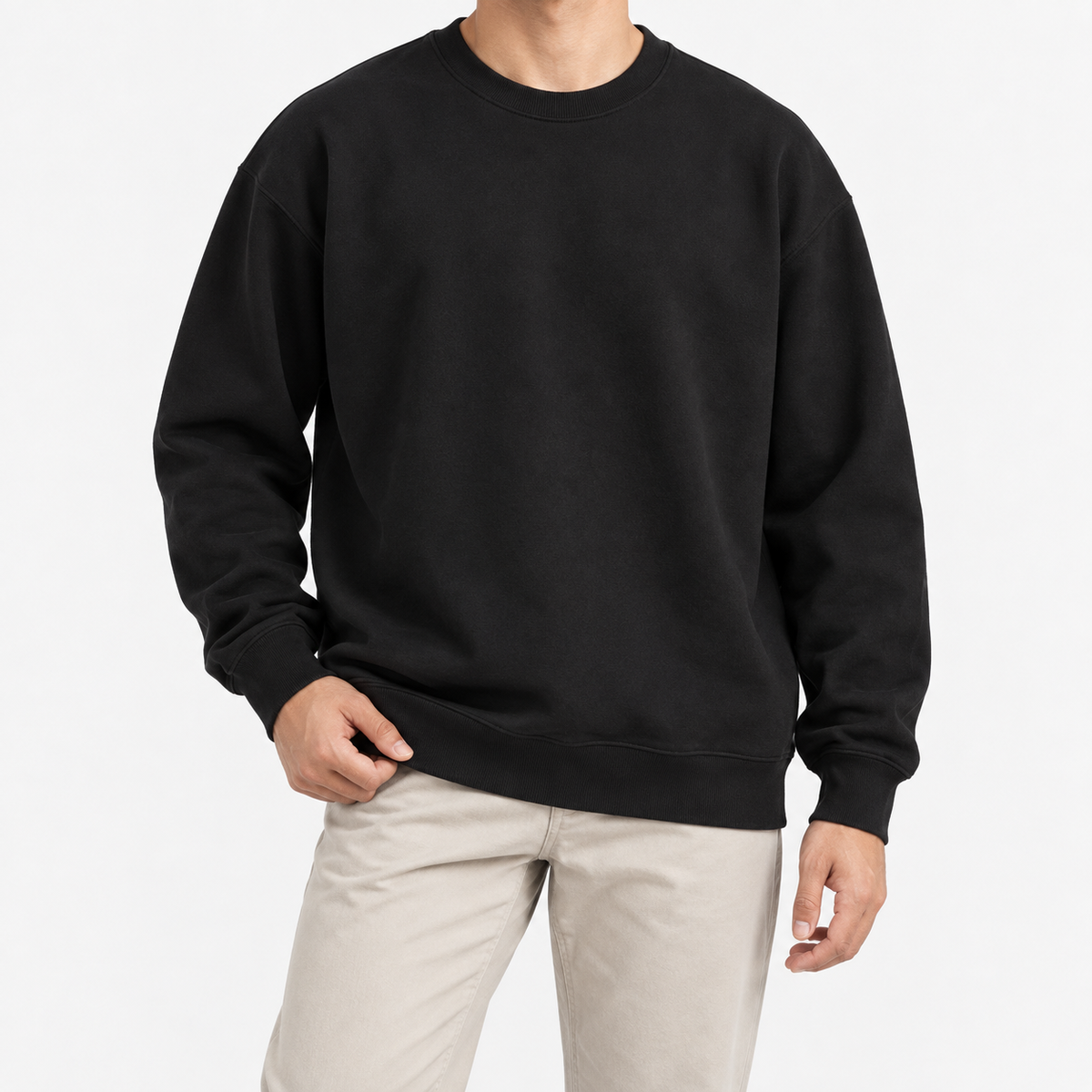 Heavyweight cotton crew neck sweatshirt in black, front model view