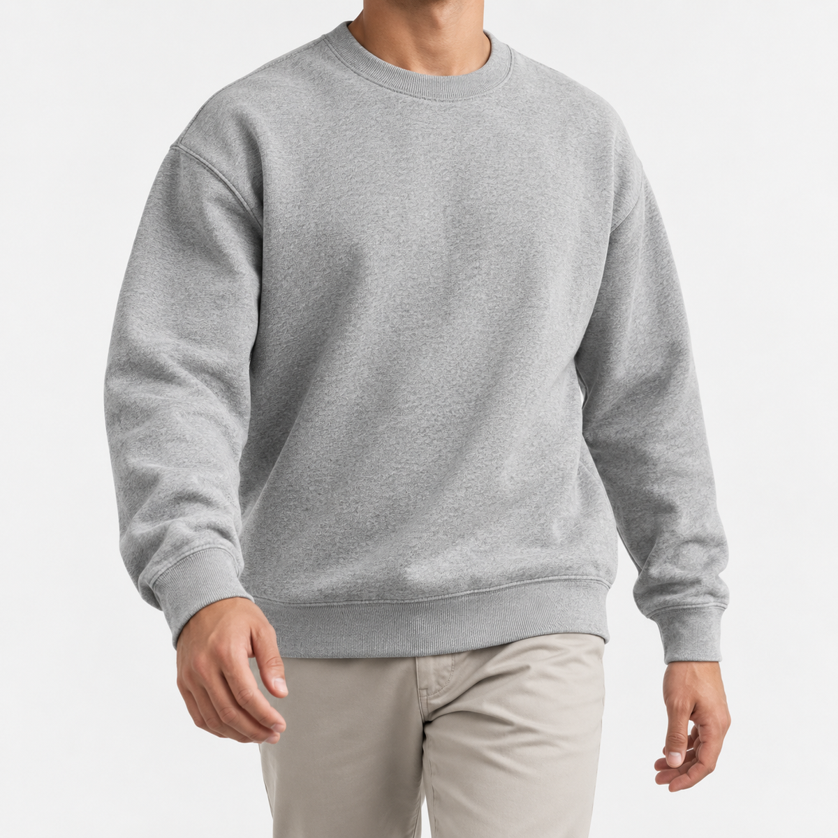 Heavyweight cotton crew neck sweatshirt in light gray, front model view