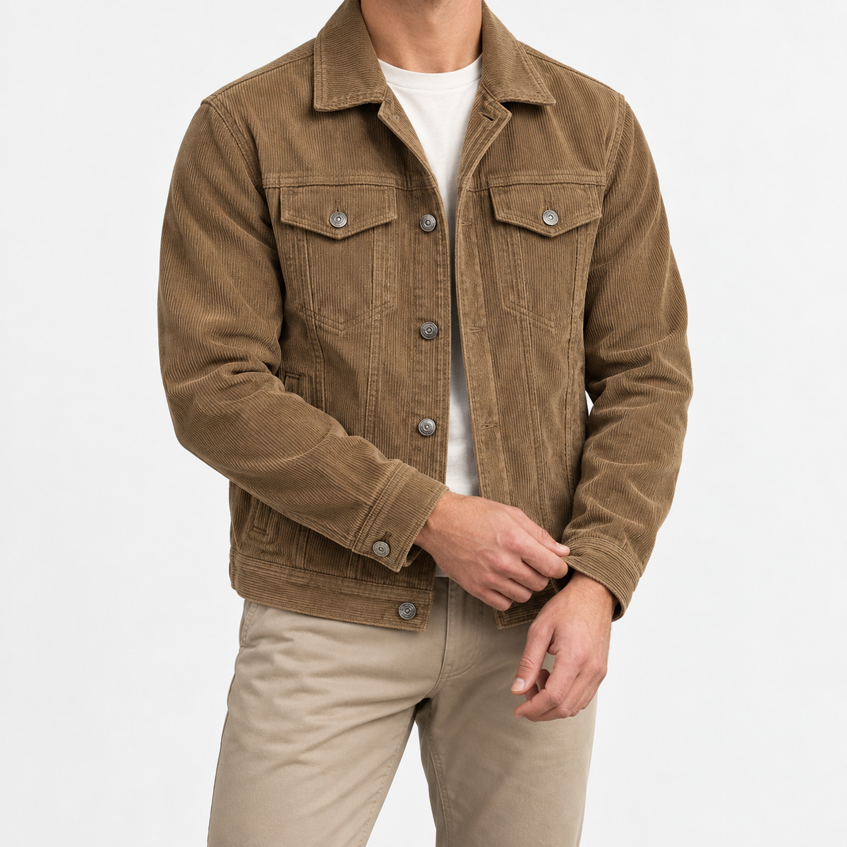 Cotton blend corduroy button front jacket in khaki, front model view