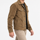 Cotton blend corduroy button front jacket in khaki, three-quarter model view