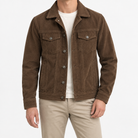Cotton blend corduroy button front jacket in brown, front model view