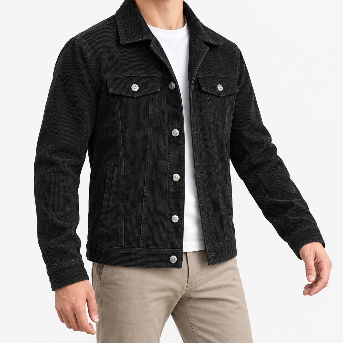 Cotton blend corduroy button front jacket in black, front model view