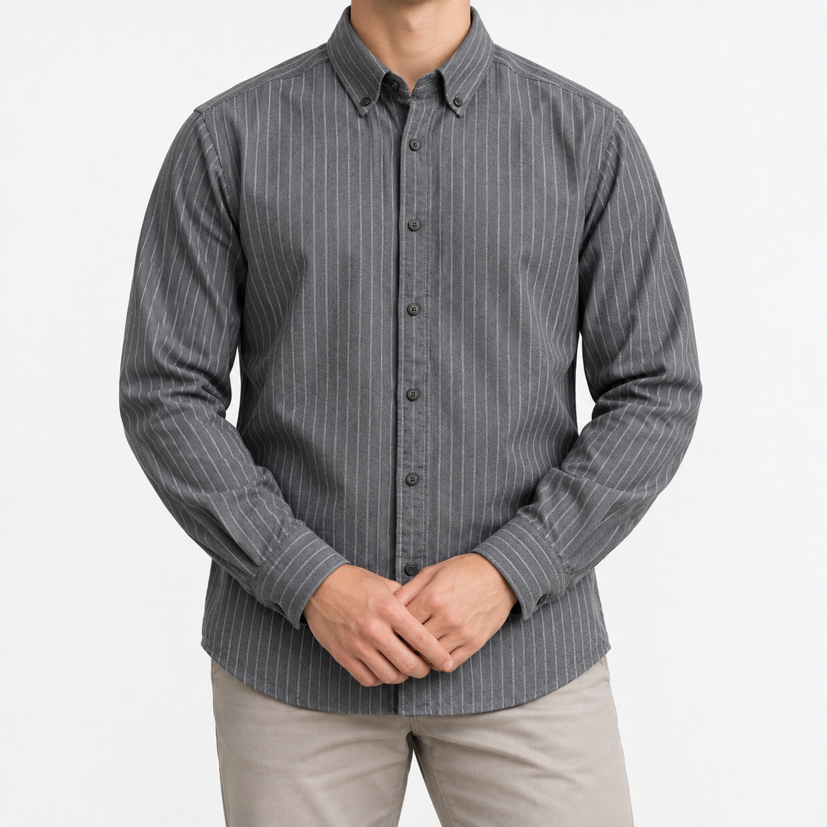 Brushed stripe shirt with a button down collar in gray stripe, front model view