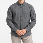 Brushed stripe shirt with a button down collar in gray stripe, front model view