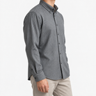 Brushed stripe shirt with a button down collar in gray stripe, three-quarter model view