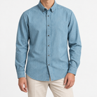 Brushed stripe shirt with a button down collar in blue stripe, front model view