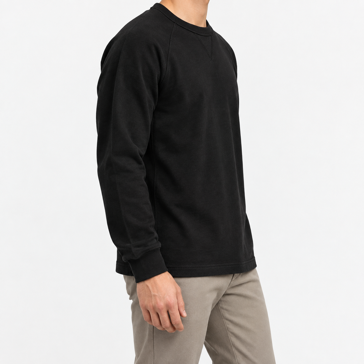 Heavy cotton raglan sleeve crew neck top in black, three-quarter model view