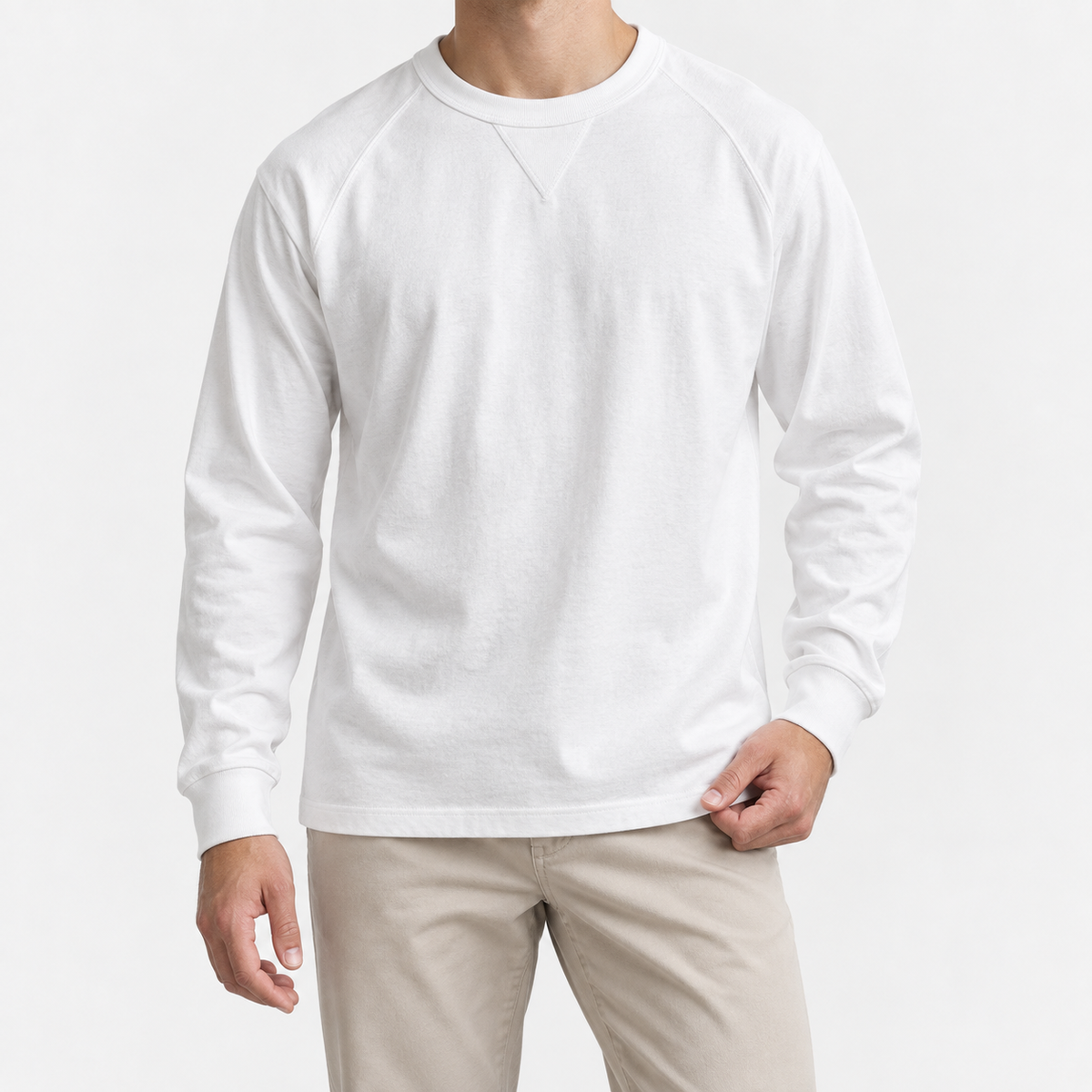 Heavy cotton raglan sleeve crew neck top in white, front model view