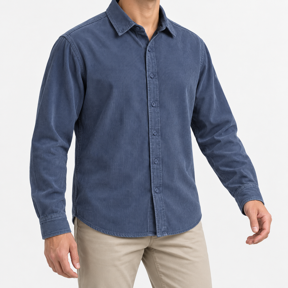 Washed cotton corduroy shirt with a clean front in slate blue, front model view