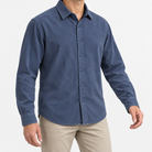 Washed cotton corduroy shirt with a clean front in slate blue, front model view