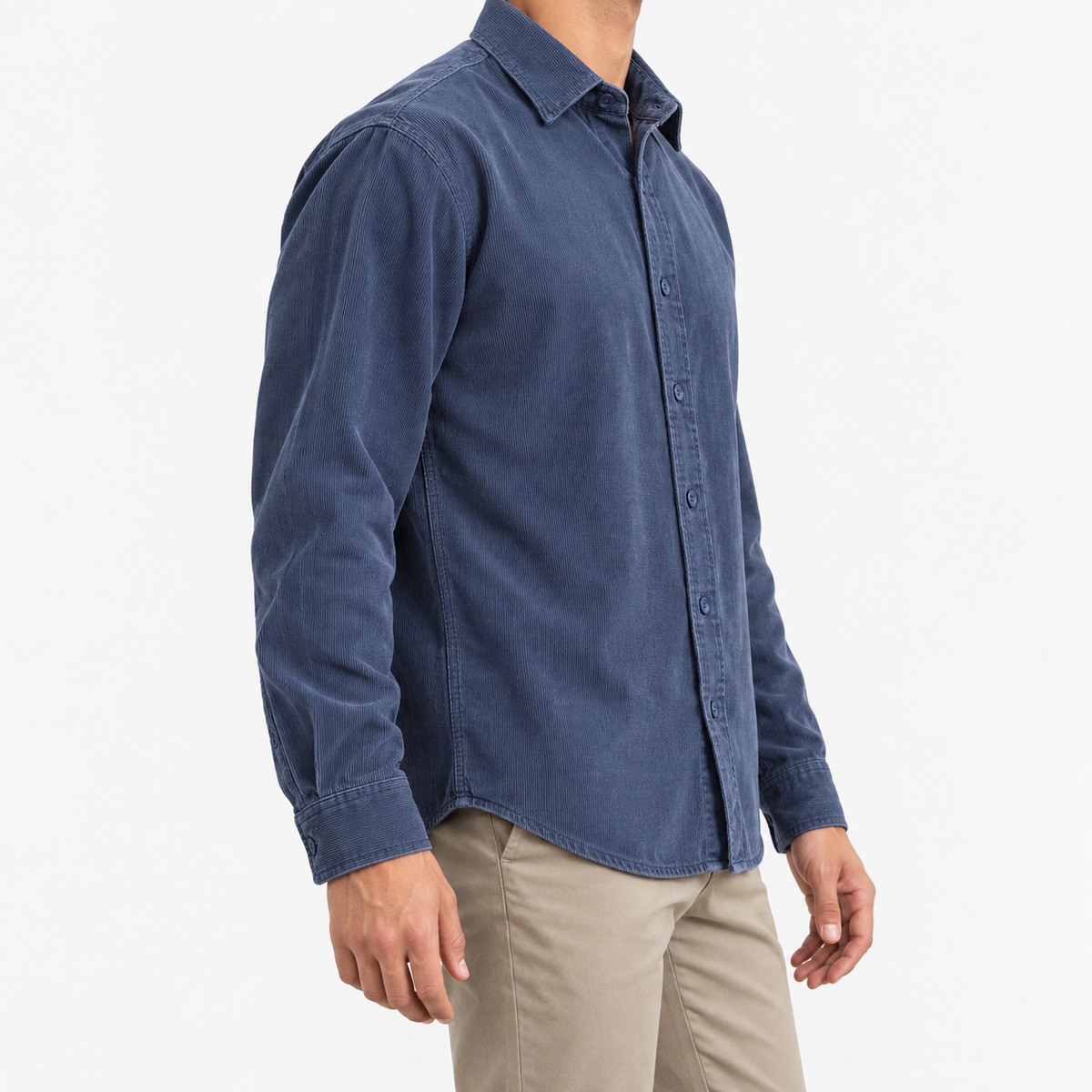 Washed cotton corduroy shirt with a clean front in slate blue, three-quarter model view