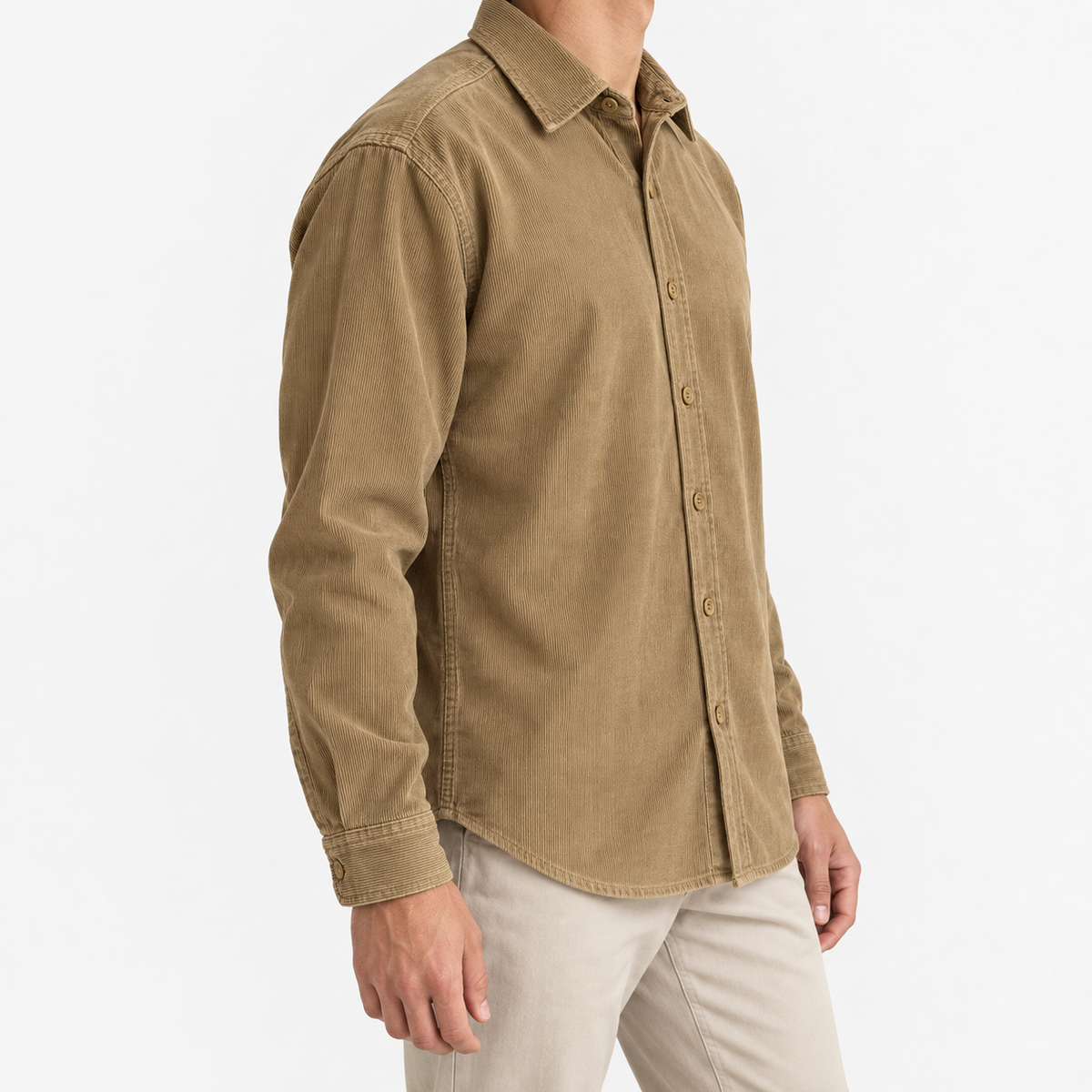 Washed cotton corduroy shirt with a clean front in khaki, three-quarter model view