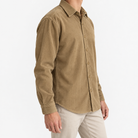 Washed cotton corduroy shirt with a clean front in khaki, three-quarter model view