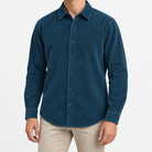 Washed cotton corduroy shirt with a clean front in teal, front model view
