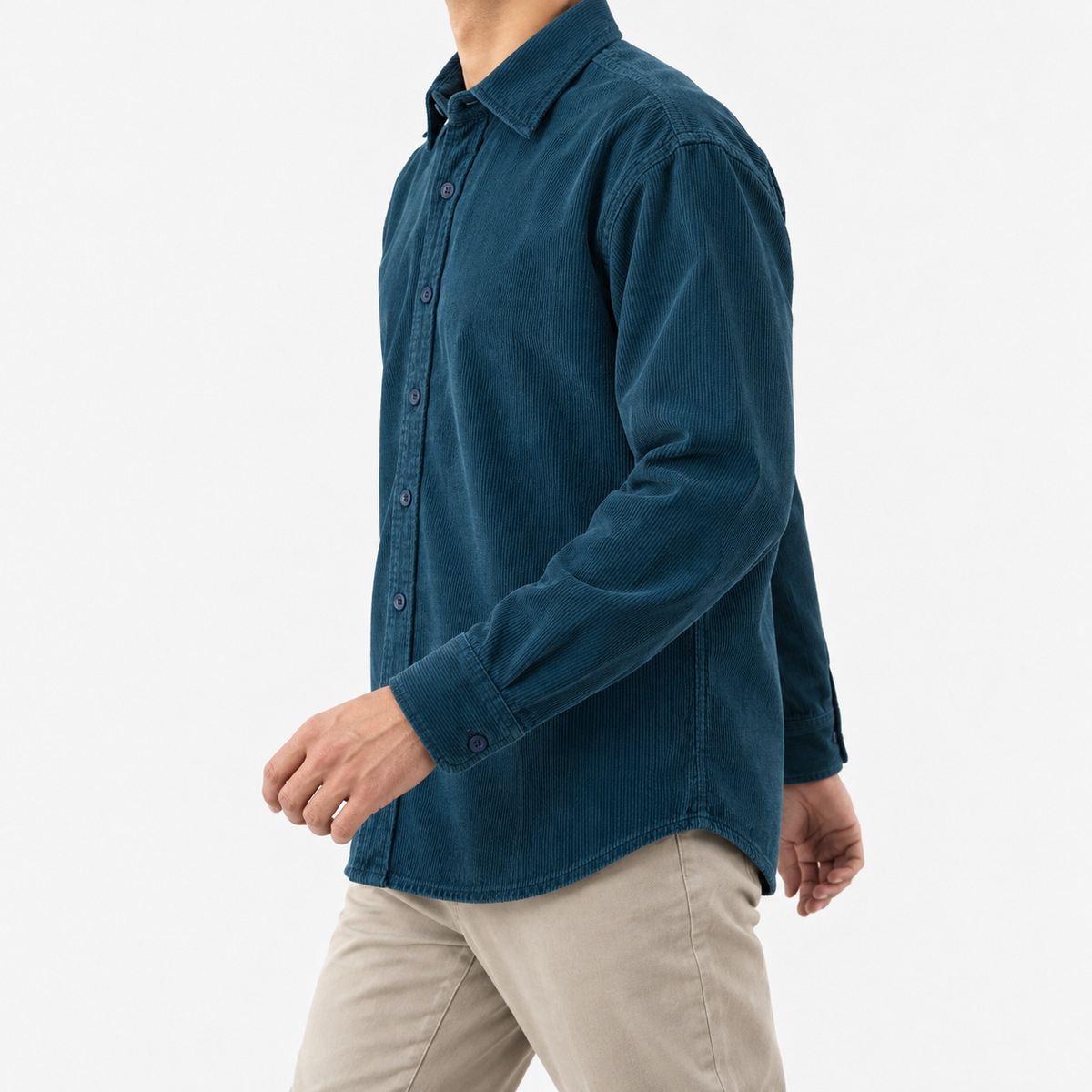Washed cotton corduroy shirt with a clean front in teal, three-quarter model view
