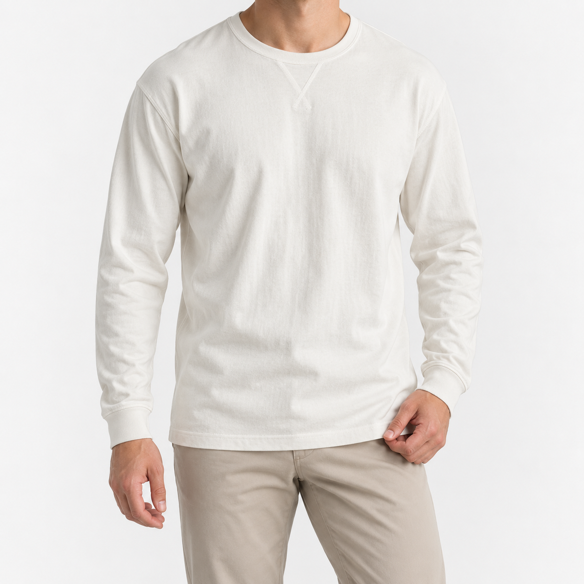 Washed cotton long sleeve jersey top in off-white, front model view
