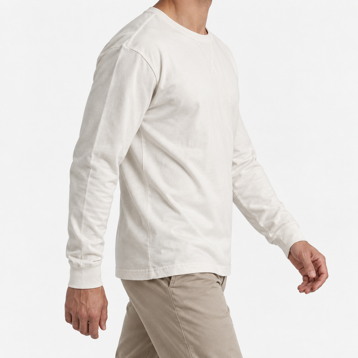 Washed cotton long sleeve jersey top in off-white, three-quarter model view