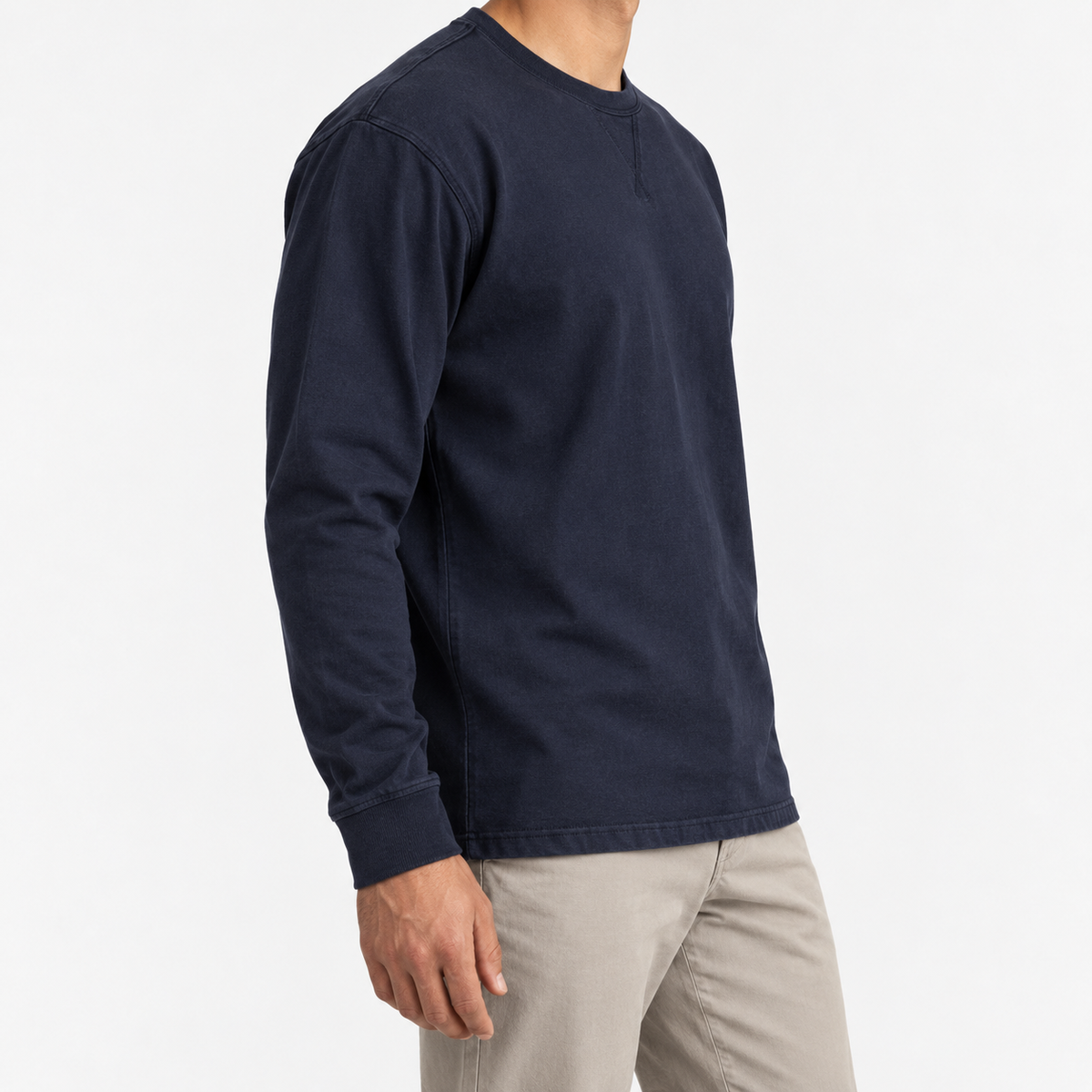 Washed cotton long sleeve jersey top in navy blue, three-quarter model view