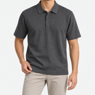 Textured lyocell short sleeve knit polo in charcoal, front model view