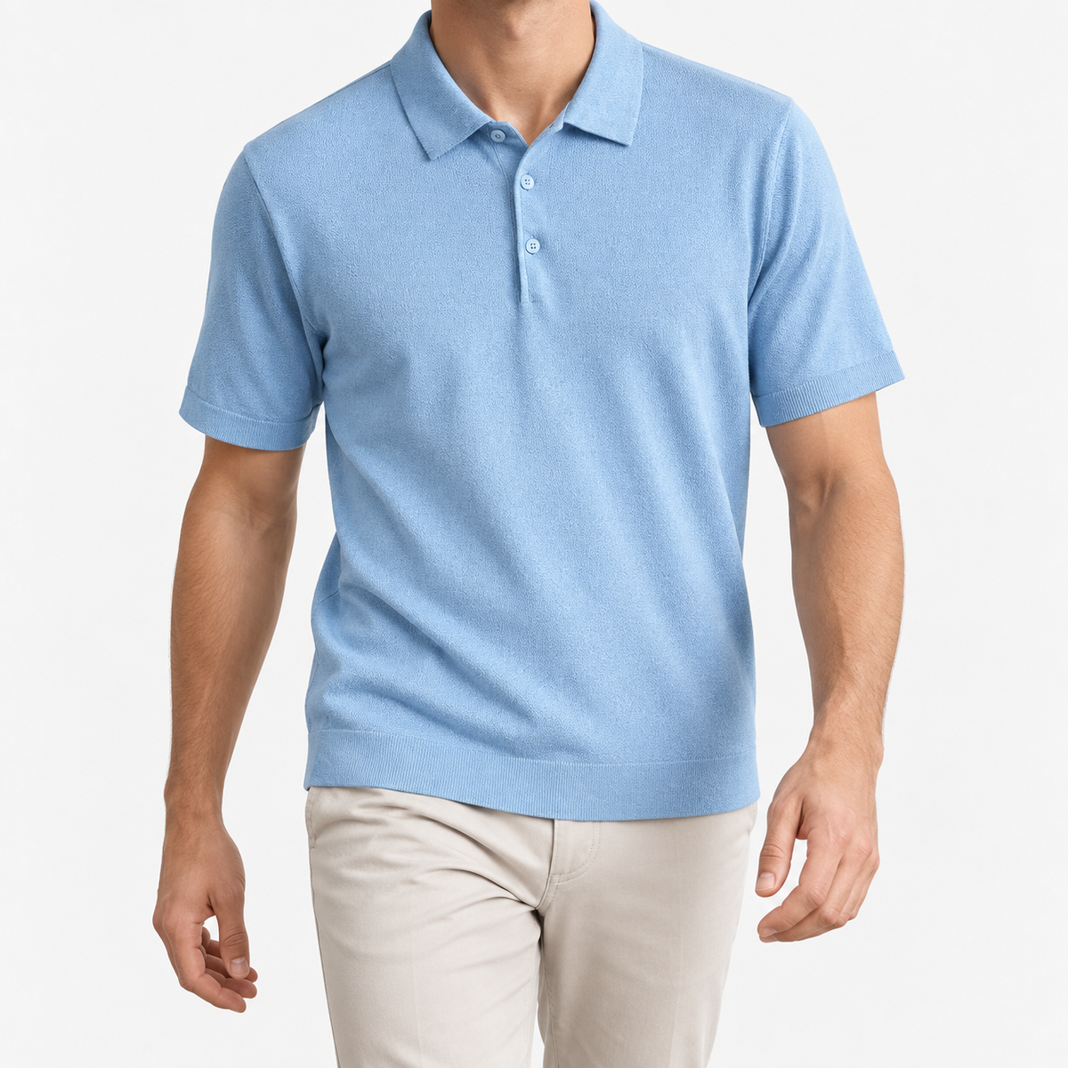 Textured lyocell short sleeve knit polo in light blue, front model view