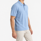 Textured lyocell short sleeve knit polo in light blue, three-quarter model view
