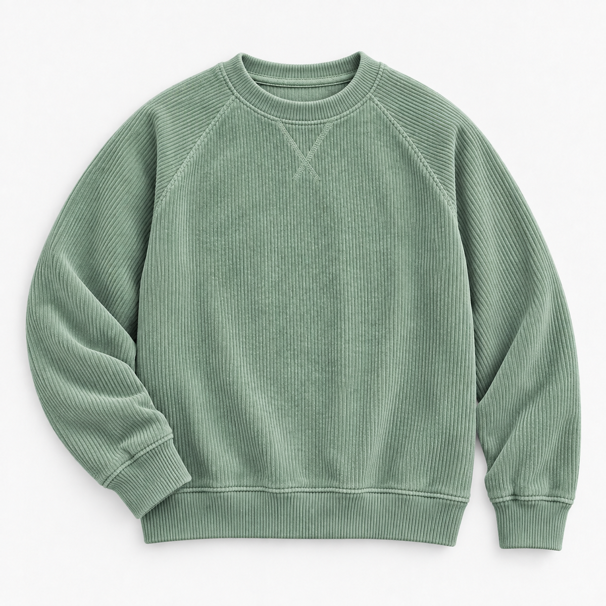 Ribbed raglan sweatshirt with a stitched neckline in sage green, product view