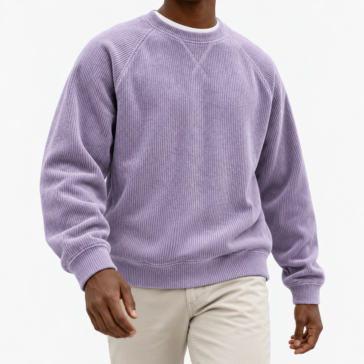 Ribbed raglan sweatshirt with a stitched neckline in lilac, front model view