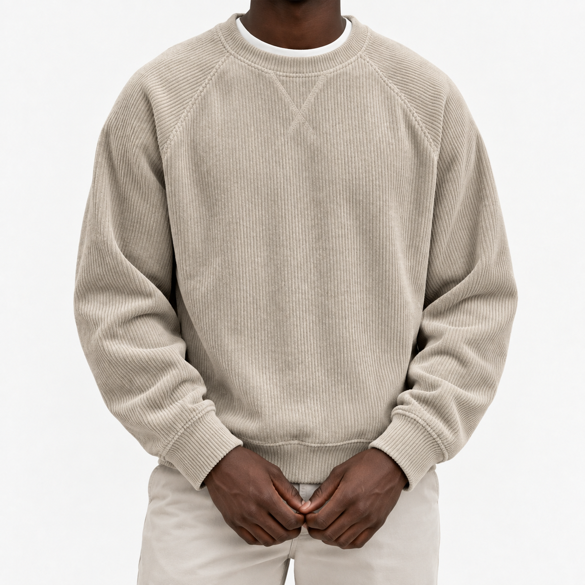 Ribbed raglan sweatshirt with a stitched neckline in beige, front model view