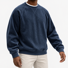 Ribbed raglan sweatshirt with a stitched neckline in navy blue, front model view