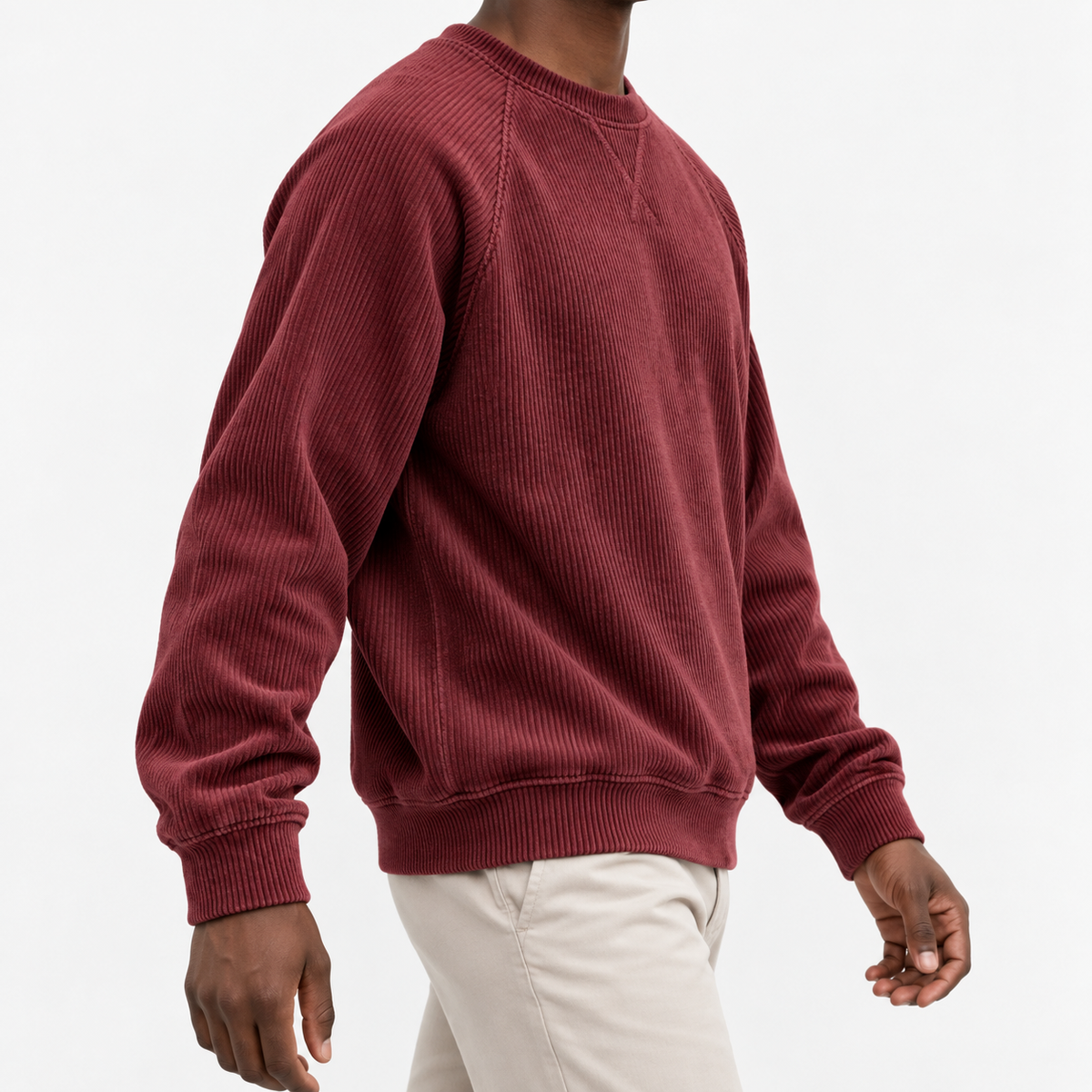 Ribbed raglan sweatshirt with a stitched neckline in wine red, three-quarter model view