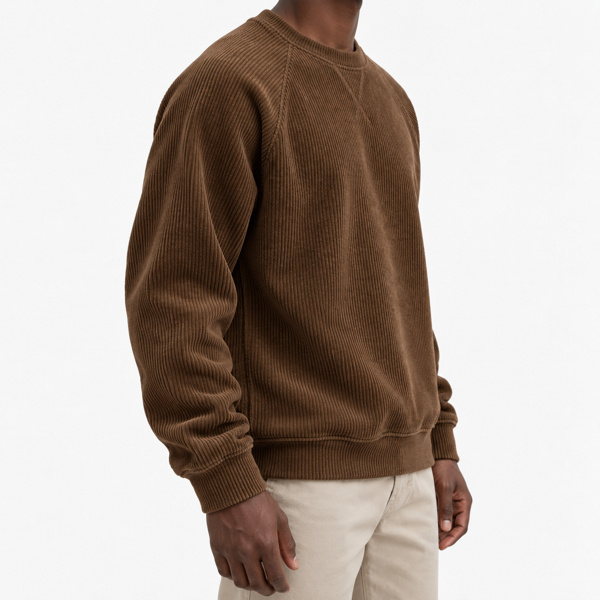 Ribbed raglan sweatshirt with a stitched neckline in brown, three-quarter model view