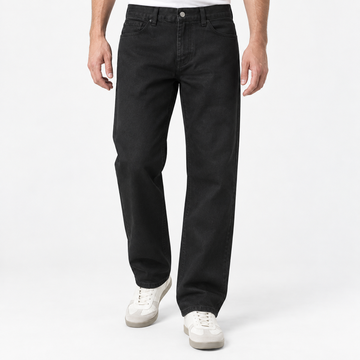 Washed cotton twill five pocket trousers in black, front model view