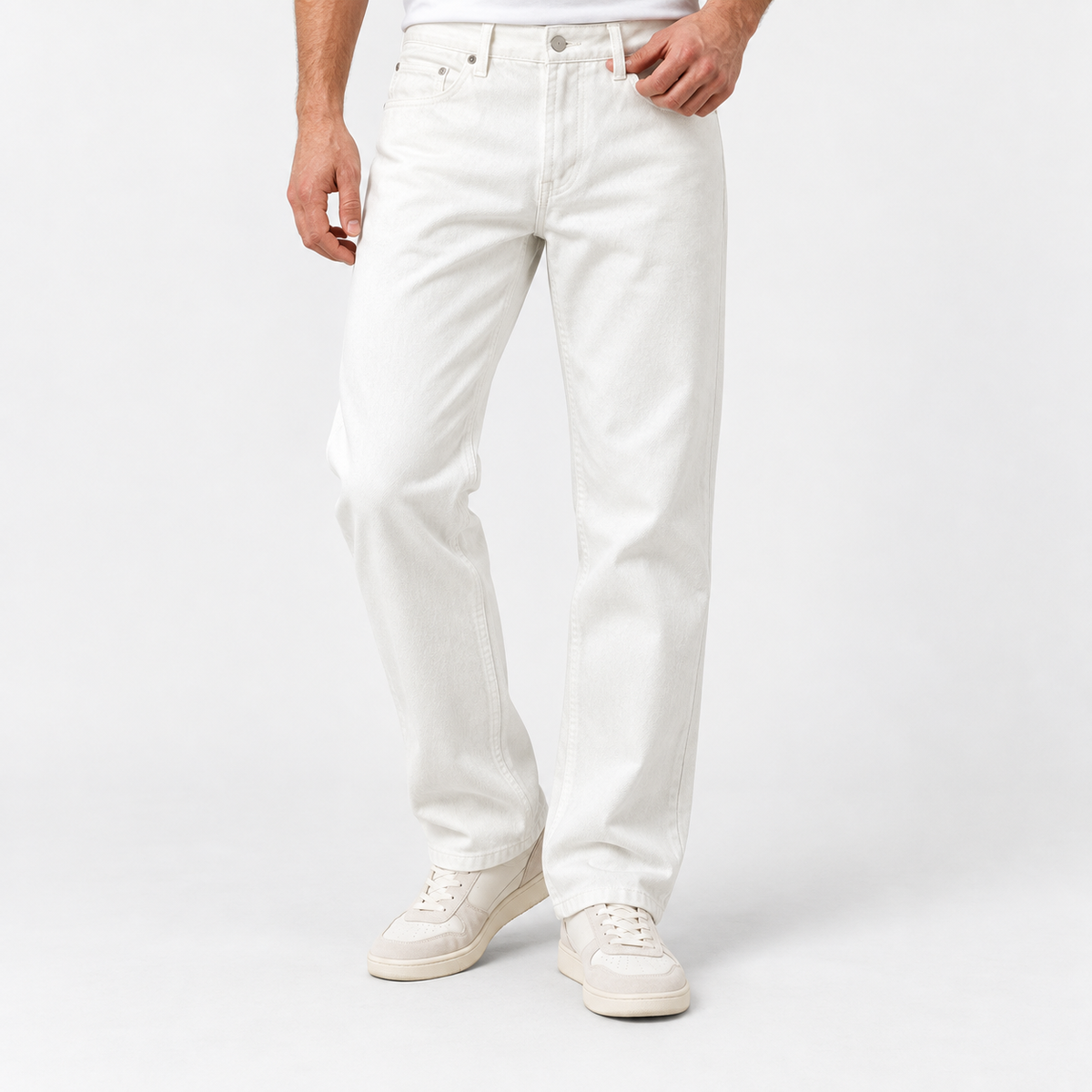 Washed cotton twill five pocket trousers in white, front model view