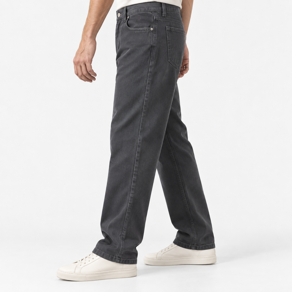 Washed cotton twill five pocket trousers in dark gray, three-quarter model view