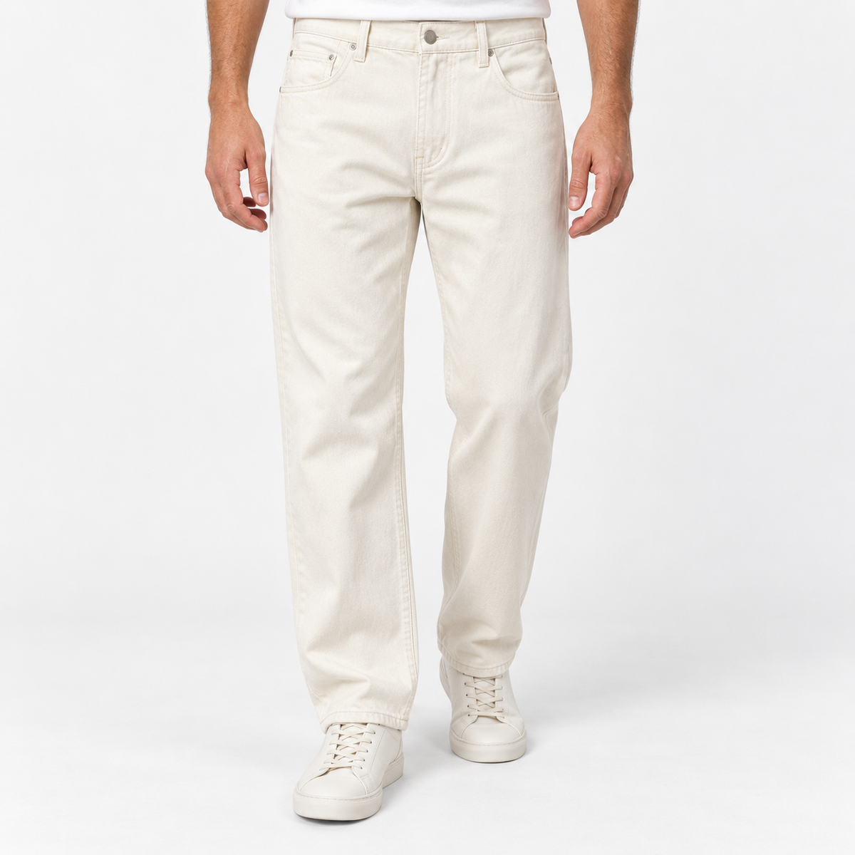 Washed cotton twill five pocket trousers in cream, front model view