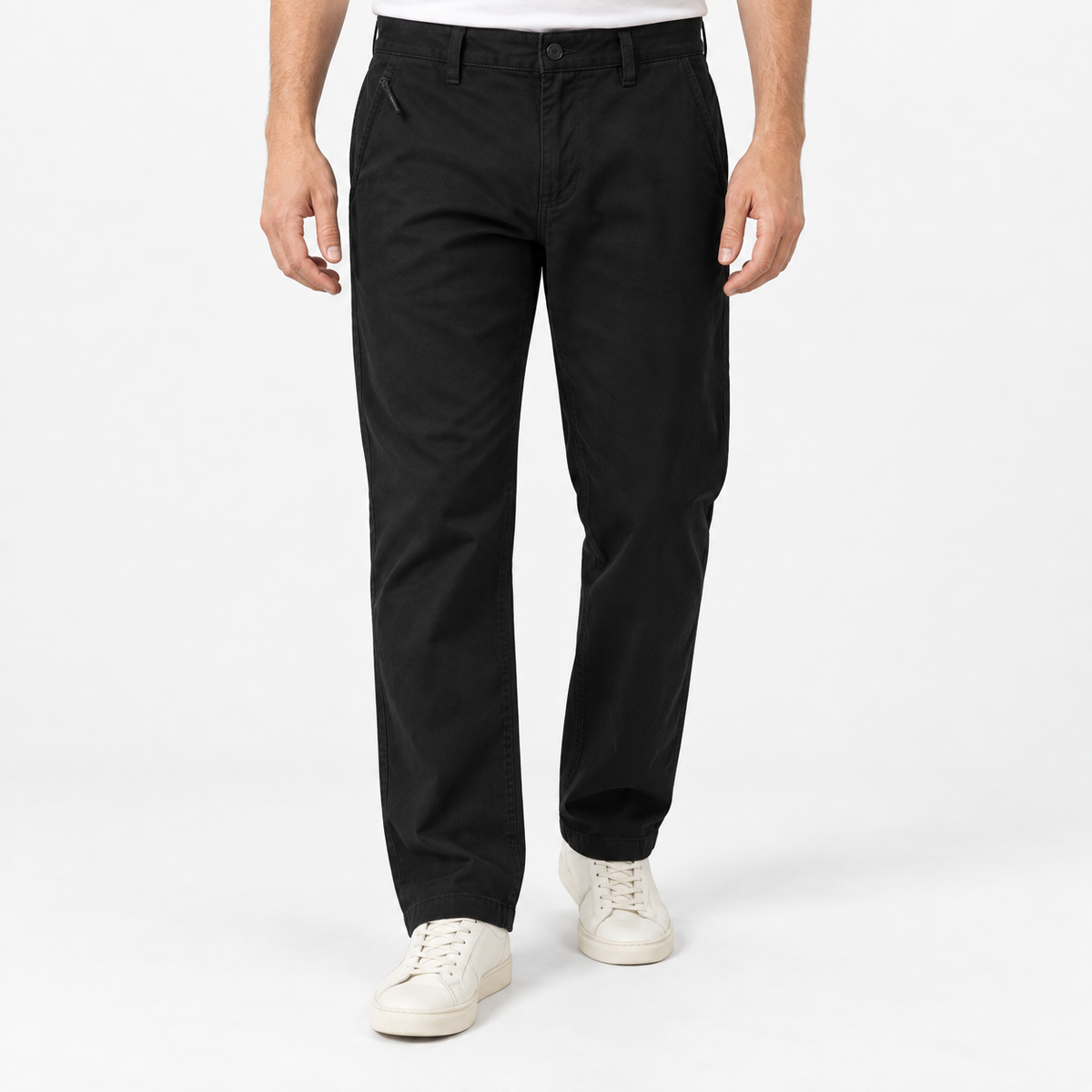 Relaxed cotton stretch twill chinos in black, front model view