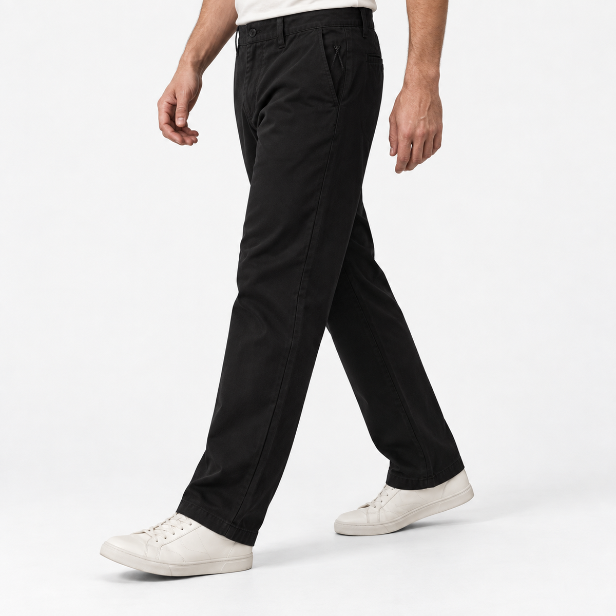 Relaxed cotton stretch twill chinos in black, three-quarter model view