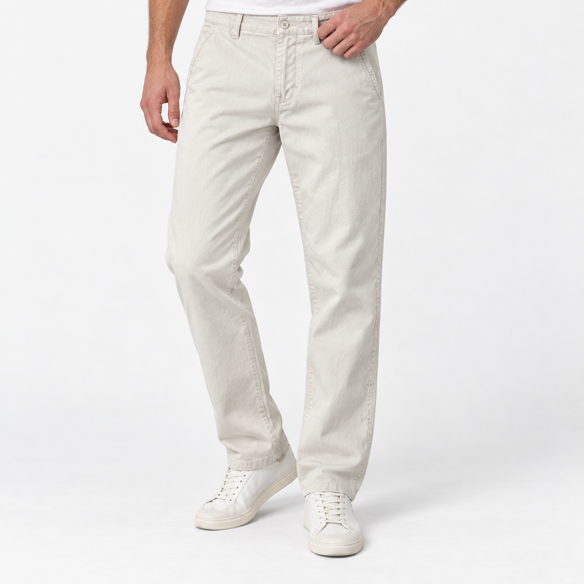 Relaxed cotton stretch twill chinos in cream, front model view