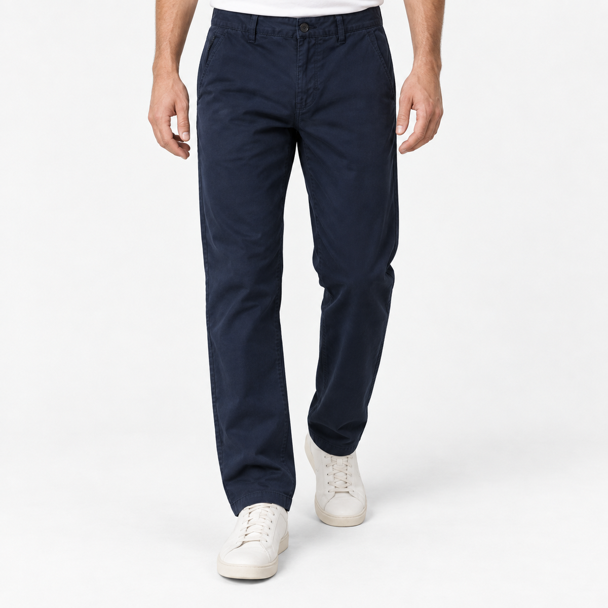 Relaxed cotton stretch twill chinos in navy blue, front model view
