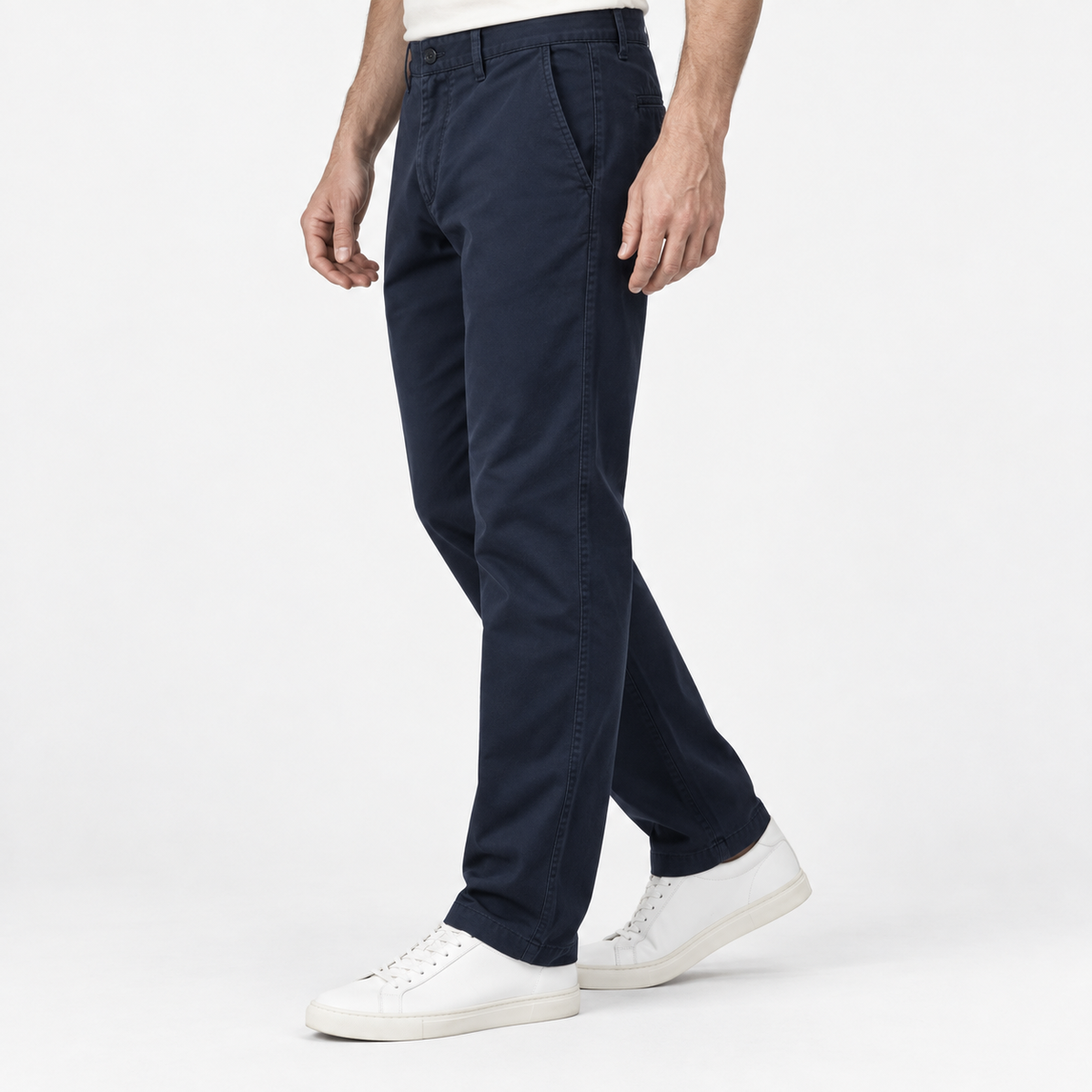 Relaxed cotton stretch twill chinos in navy blue, three-quarter model view