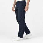 Relaxed cotton stretch twill chinos in navy blue, three-quarter model view
