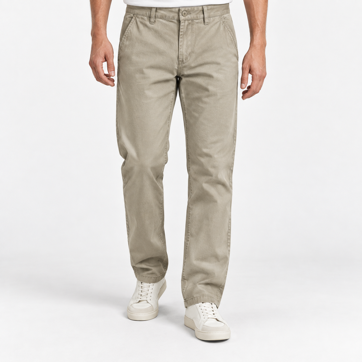 Relaxed cotton stretch twill chinos in sand, front model view