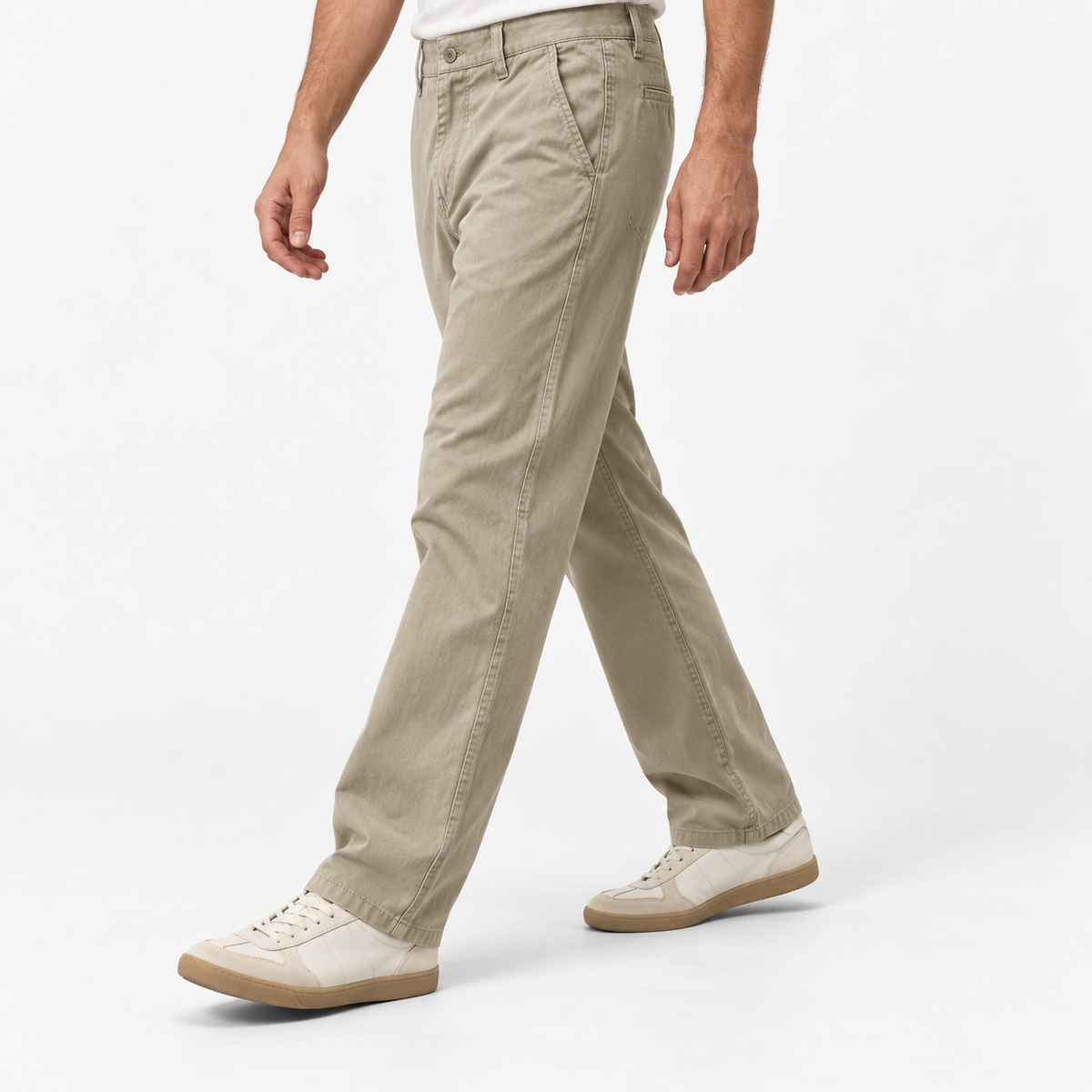 Relaxed cotton stretch twill chinos in sand, three-quarter model view