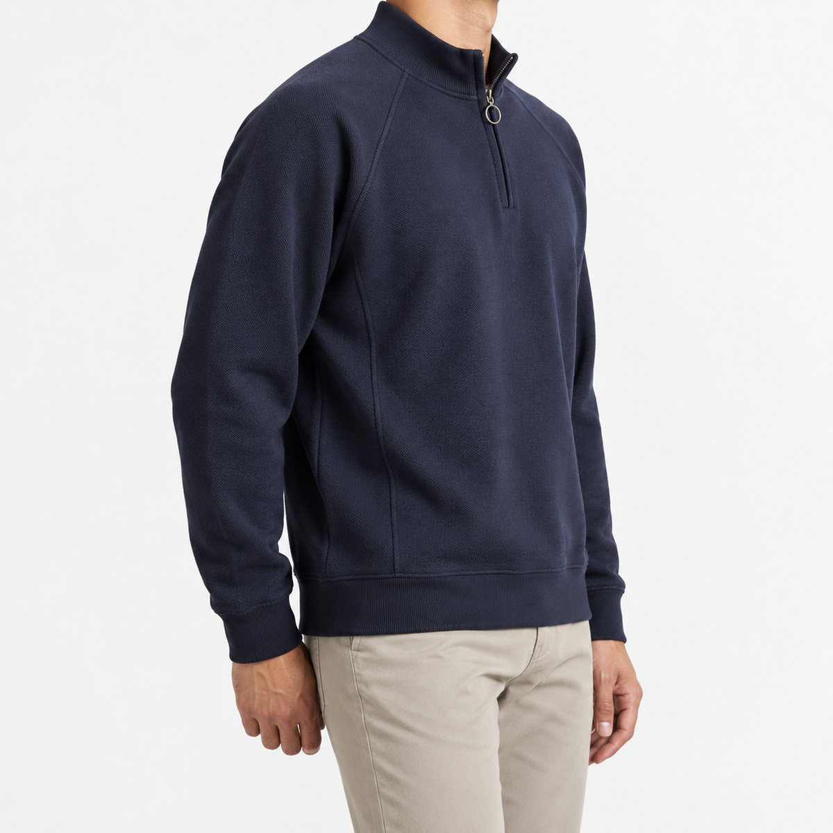 Textured quarter zip sweatshirt with raglan sleeves in navy blue, three-quarter model view