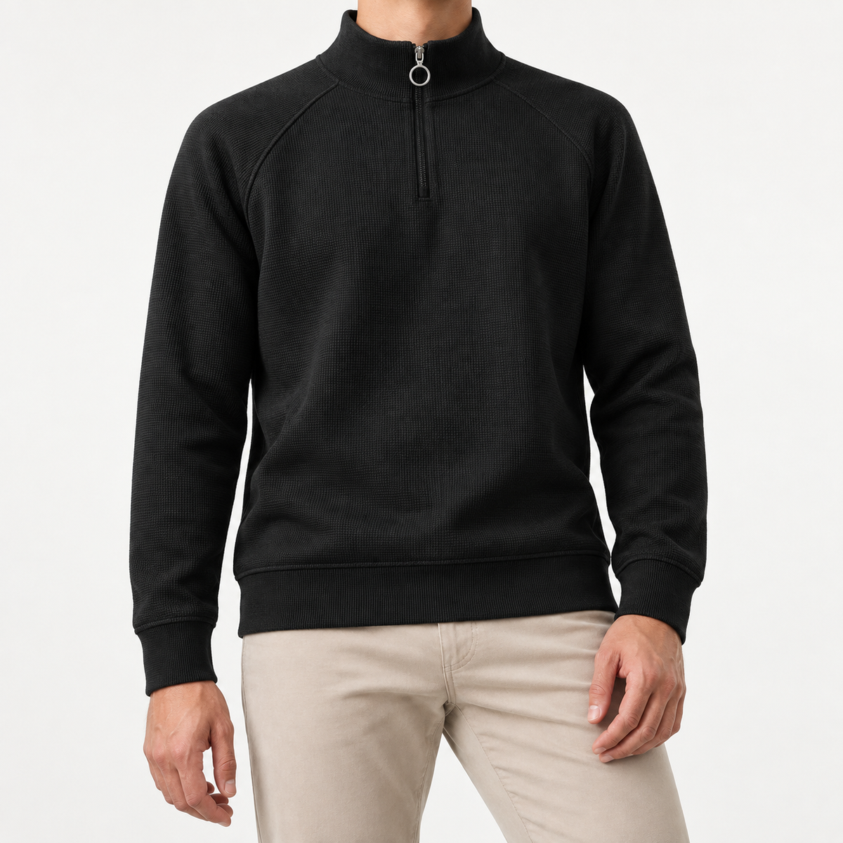 Textured quarter zip sweatshirt with raglan sleeves in black, front model view