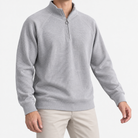 Textured quarter zip sweatshirt with raglan sleeves in light gray, front model view