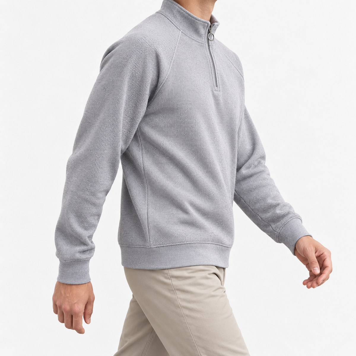Textured quarter zip sweatshirt with raglan sleeves in light gray, three-quarter model view