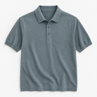 Lyocell silk polo with a fine textured knit in blue gray, product view