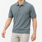 Lyocell silk polo with a fine textured knit in blue gray, front model view