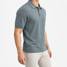 Lyocell silk polo with a fine textured knit in blue gray, three-quarter model view